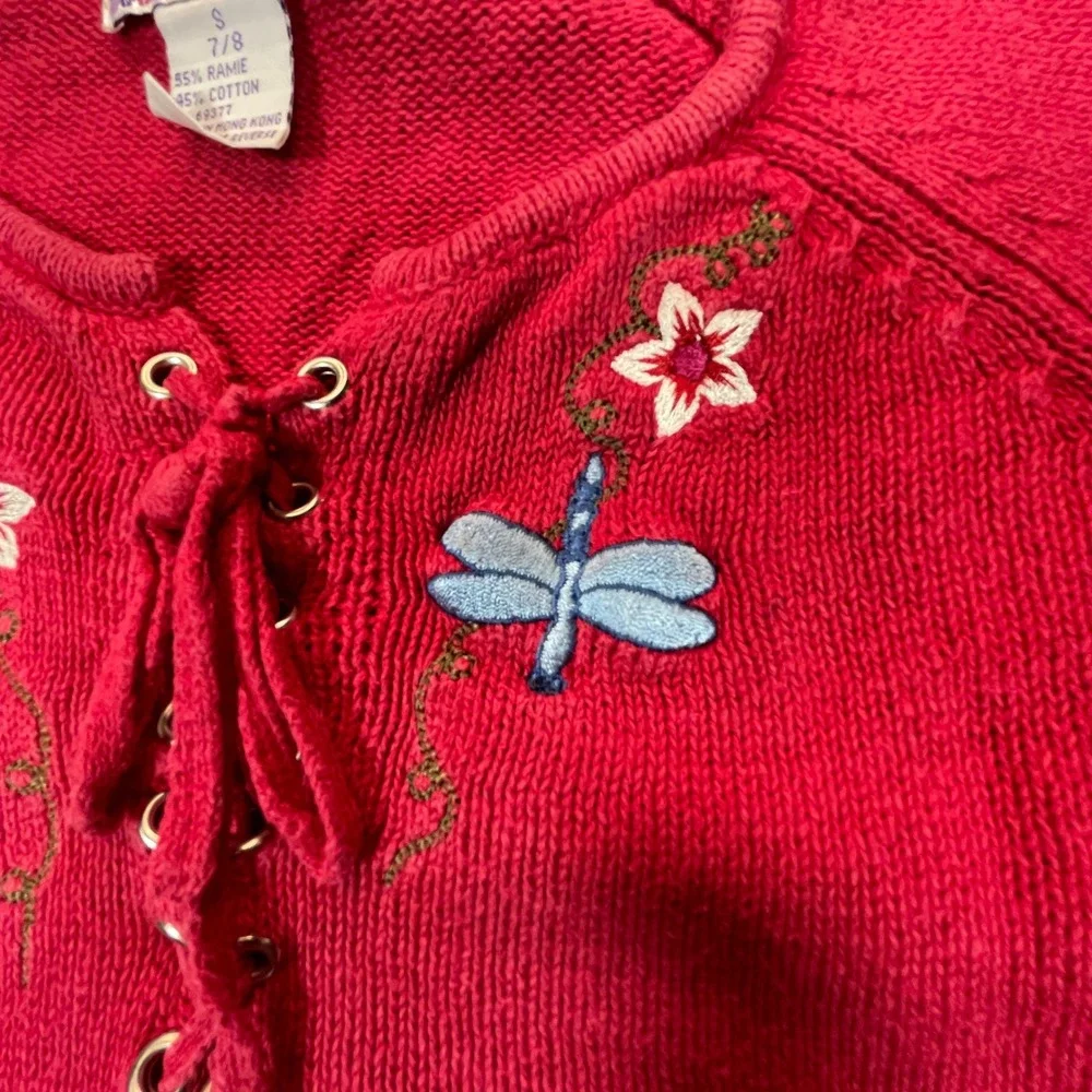 Kobe Girl Knit Sweater Kids Size 7/8 Pink Y2K Embroidered Lace Up Boho Top